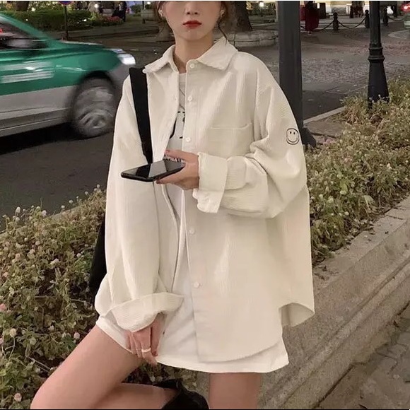 Tops - Corduroy shirt top smiley face embroidery pocket white women button collar shirt
